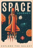 Spaceship shuttle or rocket in space, retro poster vector