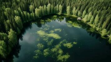 transportado pelo ar Vejo do azul água lago e verde verão madeiras dentro Finlândia. video