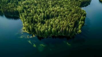 in der Luft sehen von Blau Wasser See und Grün Sommer- Wald im Finnland. video