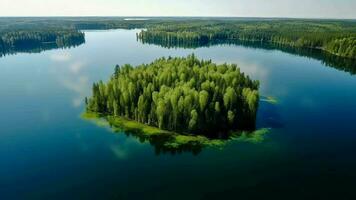 in der Luft sehen von Blau Wasser See und Grün Sommer- Wald im Finnland. video