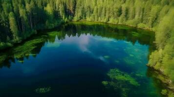 Airborne see of blue water lake and green summer woods in Finland. video