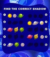 Cartoon space planets shadow matching game, test vector