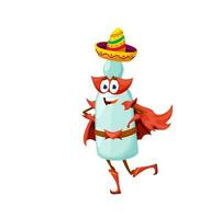 Cartoon mexican tequila superhero character, flask vector