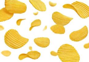 Flying, falling crispy ripple potato chips splash vector