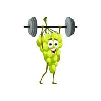 Cartoon grape with barbell, vector funny fruit