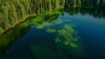 transportado pelo ar Vejo do azul água lago e verde verão madeiras dentro Finlândia. video