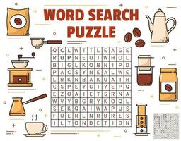 Coffee brewing, cup and beans word search puzzle vector
