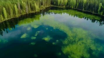 in der Luft sehen von Blau Wasser See und Grün Sommer- Wald im Finnland. video