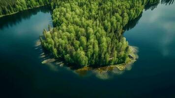 Airborne see of blue water lake and green summer woods in Finland. video