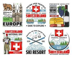 Suiza viaje y suizo turismo íconos vector
