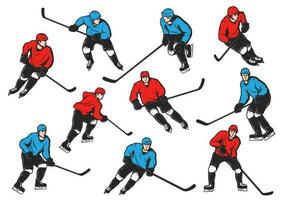 Ice hockey sport players with sticks and pucks vector