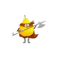 Pear cartoon character superhero in cloak with ax vector