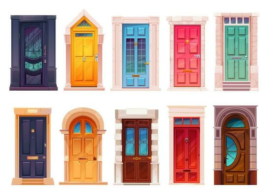Cartoon front doors with marble stone doorway