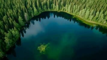 luftburet ser av blå vatten sjö och grön sommar trän i finland. video