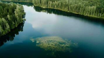 in de lucht zien van blauw water meer en groen zomer bossen in Finland. video