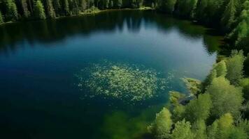 in de lucht zien van blauw water meer en groen zomer bossen in Finland. video