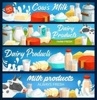 Dairy milk products banners, farm cheese, butter vector