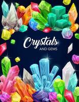 Crystal gems, cartoon vector poster with gemstones