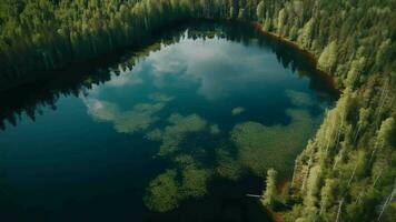 in de lucht zien van blauw water meer en groen zomer bossen in Finland. video