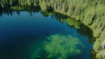 in der Luft sehen von Blau Wasser See und Grün Sommer- Wald im Finnland. video