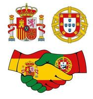 Portugal and Spain coat of arms, handshake vector