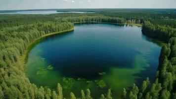 in de lucht zien van blauw water meer en groen zomer bossen in Finland. video