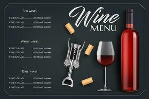 Wine menu list vector template with bottle, glass