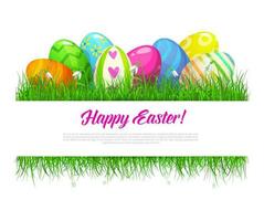 Easter grass frame with eggs and spring flowers. vector