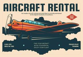 Aircraft rental retro poster, plane pilot training vector