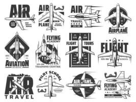 Air travel tours, aviation school icons vector set