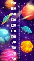 Kids height chart, galaxy space planets, alien UFO vector