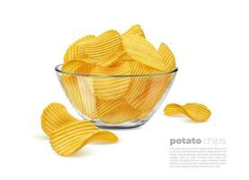 Crispy ripple potato chips in glass bowl ad design vector