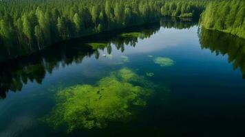 Airborne see of blue water lake and green summer woods in Finland. video