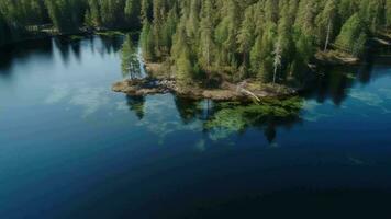 in der Luft sehen von Blau Wasser See und Grün Sommer- Wald im Finnland. video