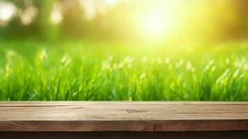 desoriënterend voorjaar gemeenschappelijk fundament met groen ongebruikt verrukkelijk bekrachtigd gras en reinigen houten tafel in natuur ochtend- Open zien Bij. creatief hulpbron, video animatie