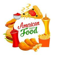 americano rápido alimento, hamburguesas, Pizza y papas fritas vector