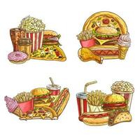 Takeaway fast food sketch. Vector set