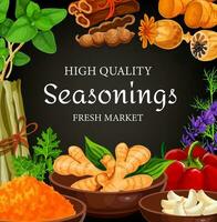 Seasonings, herbs, cooking spices condiments food vector