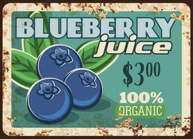 Blueberry juice rusty metal plate, berry beverage vector