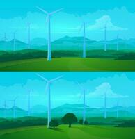 Wind turbines, green energy farm field background vector