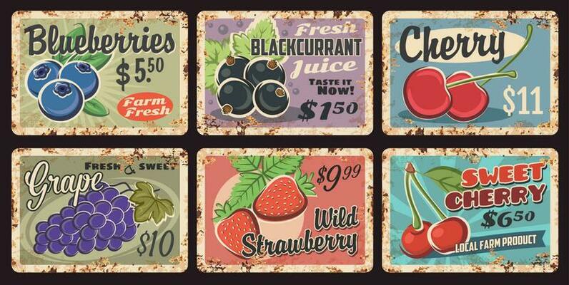 Local farm berries retro price tag, rusty plates