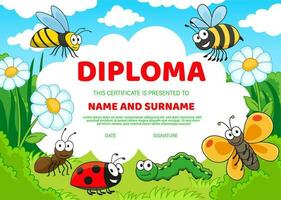 Kids diploma certificate with cartoon insects vector