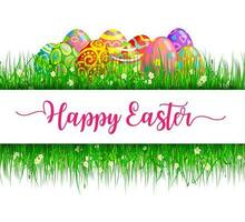 Easter eggs in frame of green grass and flowers vector