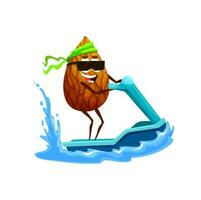 Cartoon almond nut character on jet ski, holidays vector