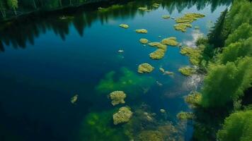 Airborne see of blue water lake and green summer woods in Finland. video