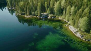 luftburet ser av blå vatten sjö och grön sommar trän i finland. video