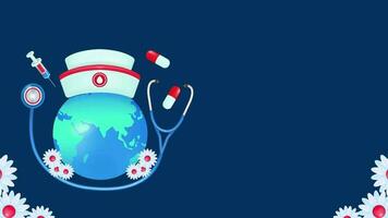 International Krankenschwestern Tag. Stethoskop 3d Vektor Elemente, Erde, Injektion, Krankenschwester Deckel und Blume Elemente video