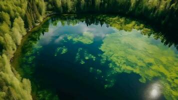 in der Luft sehen von Blau Wasser See und Grün Sommer- Wald im Finnland. video