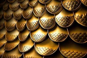 Dragon scales background - gold shining shells . Simple background made of dragon scale armor illustration . photo