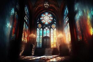 Palace interior with high stained-glass windows made of multicolored glass, an old majestic hall, sun rays through the windows. Dark fantasy interior. photo